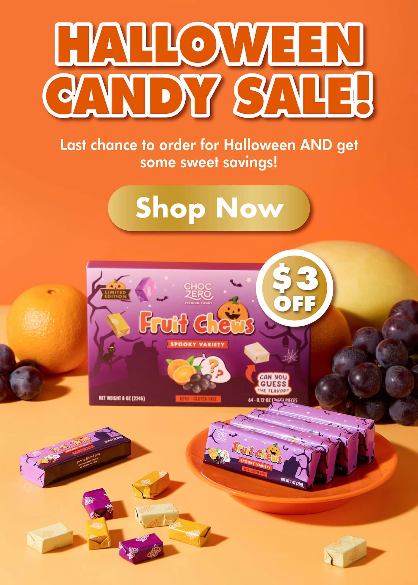 ChocZero Halloween Fruit Chews, $3 off, no added sugar, gluten free, keto friendly.