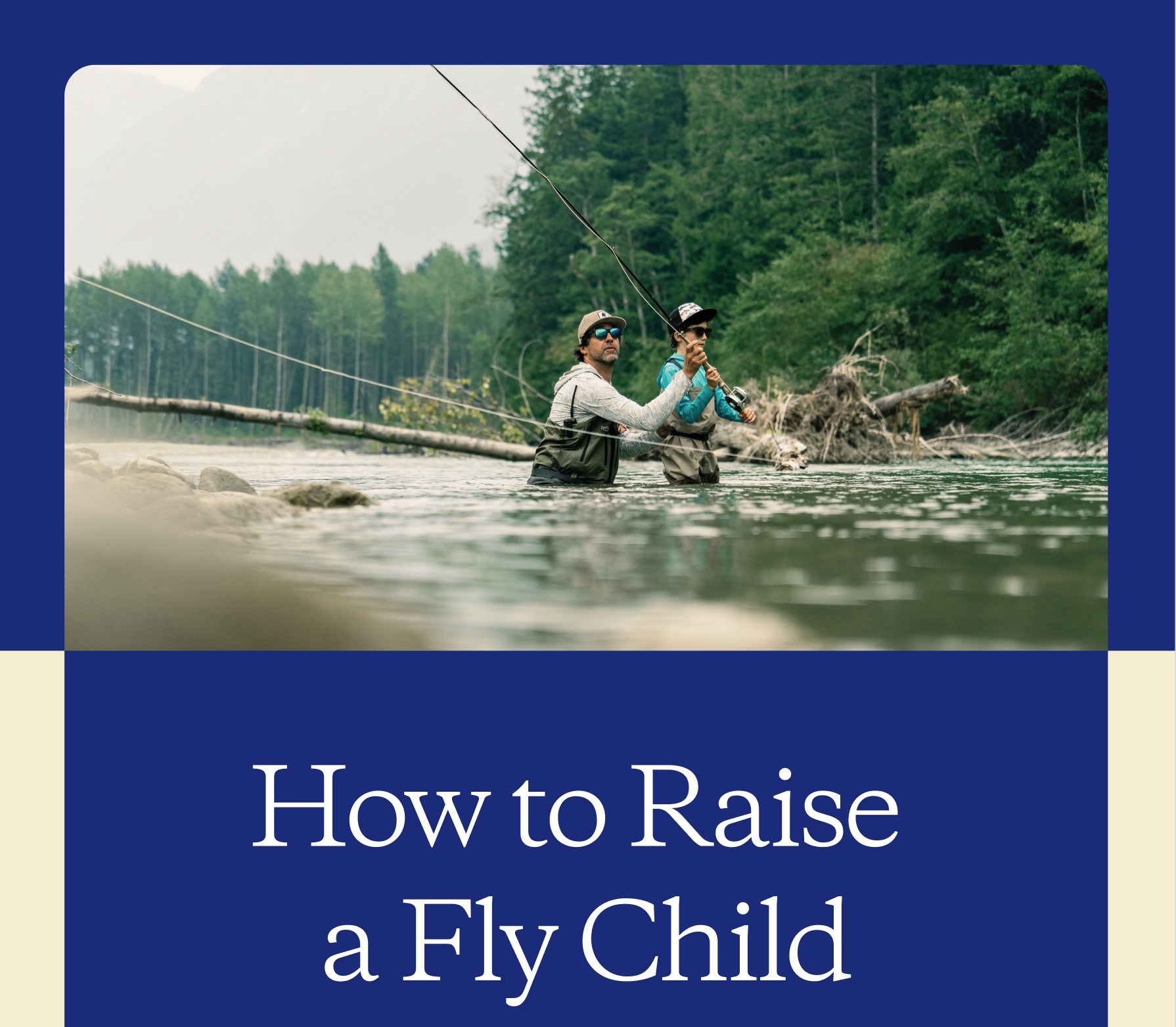 A father and son cast a two-handed fly rod together.