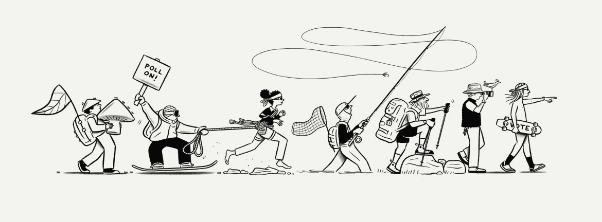 Illustration of outdoors enthusiasts heading in the same direction.