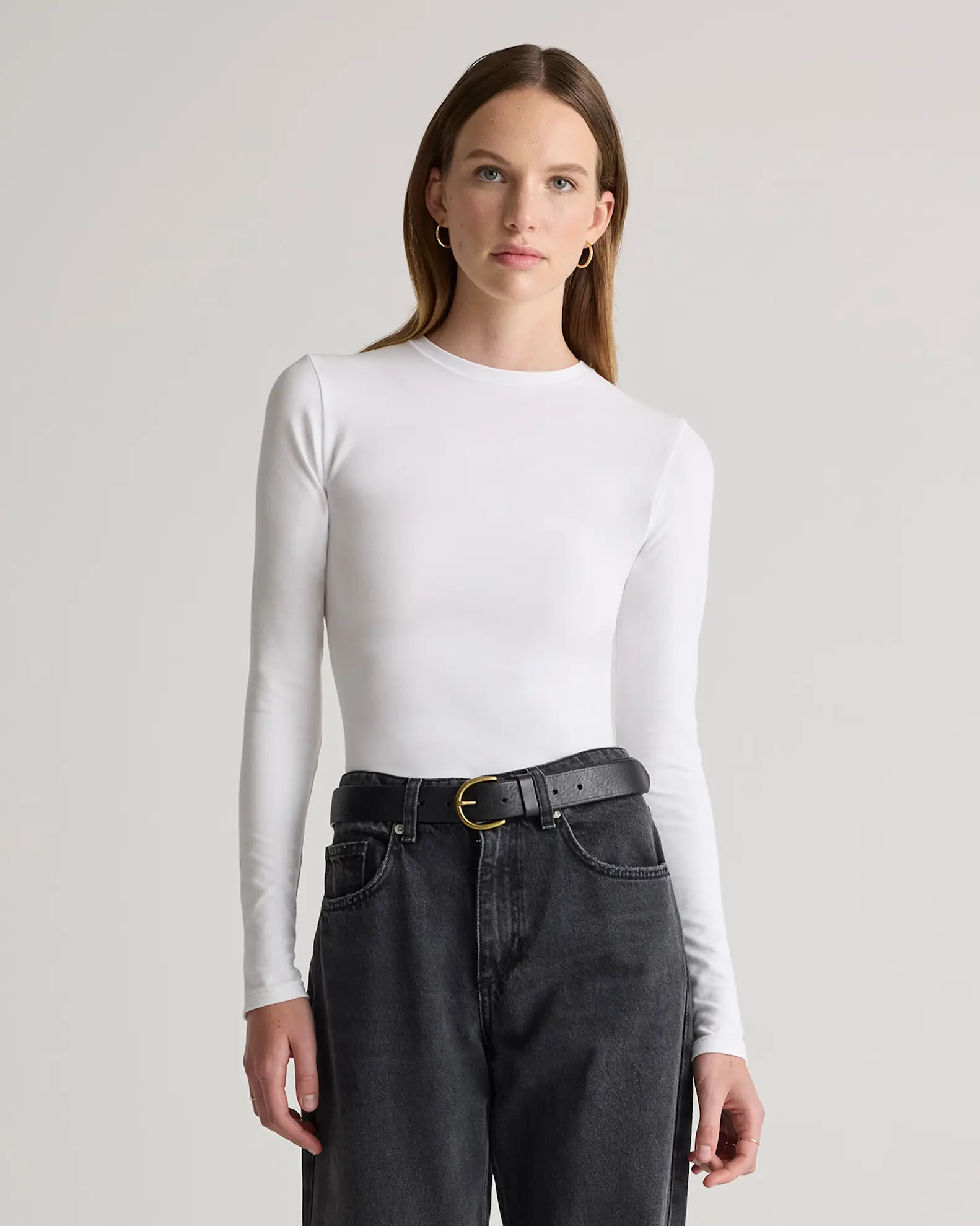 Stretch Cotton Jersey Cropped Fitted Long Sleeve T-Shirt