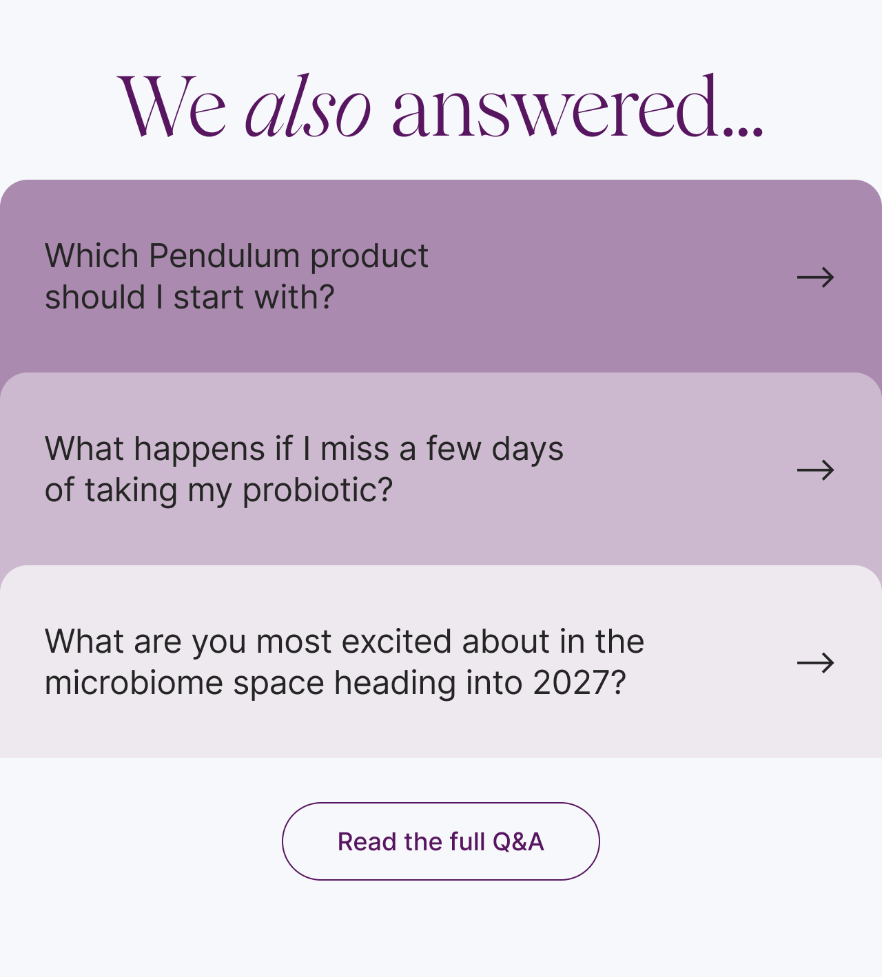 We also answered things like: "Which Pendulum product should I start with?" and "What happens if I miss a few days taking my probiotic?"