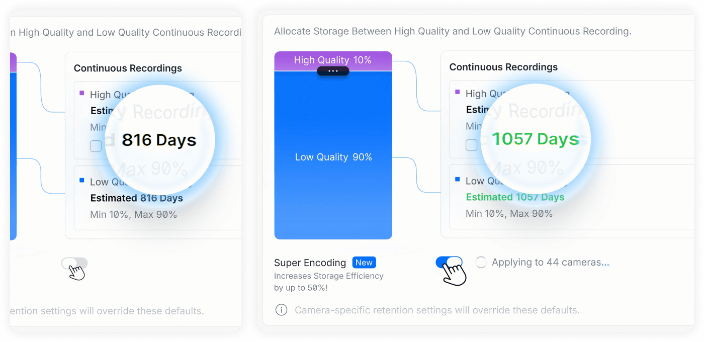 Use Storage Budgeting + Super Encoding to transition recordings from high to low quality, extending recording history while reducing storage requirements.