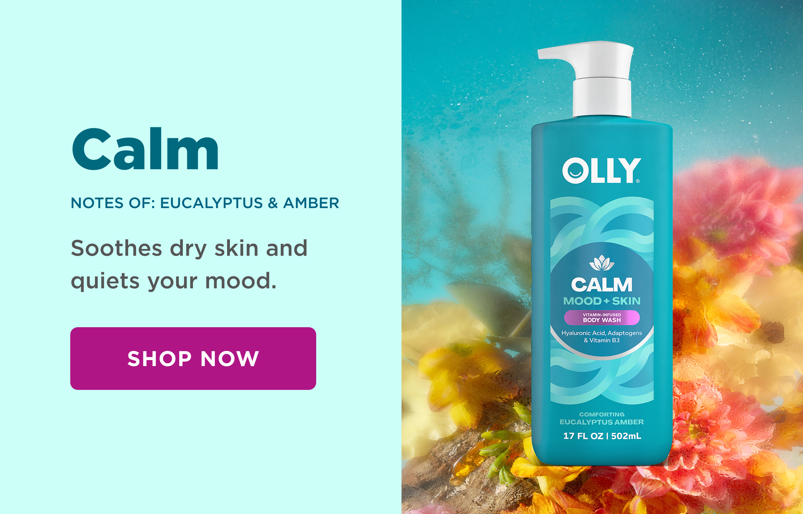 Calm. Notes of: eucalyptus and Amber. Soothes dry skin and quiets your mood Shop now 