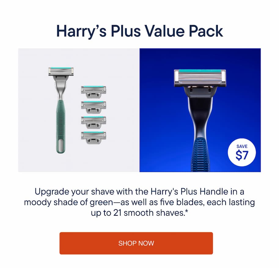 Harry's Plus razor in moody green with five blade cartridges included in the value pack