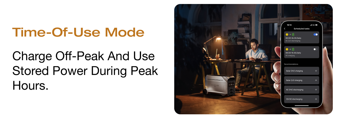 Time-of-Use Mode Charge off-peak and use stored power during peak hours.