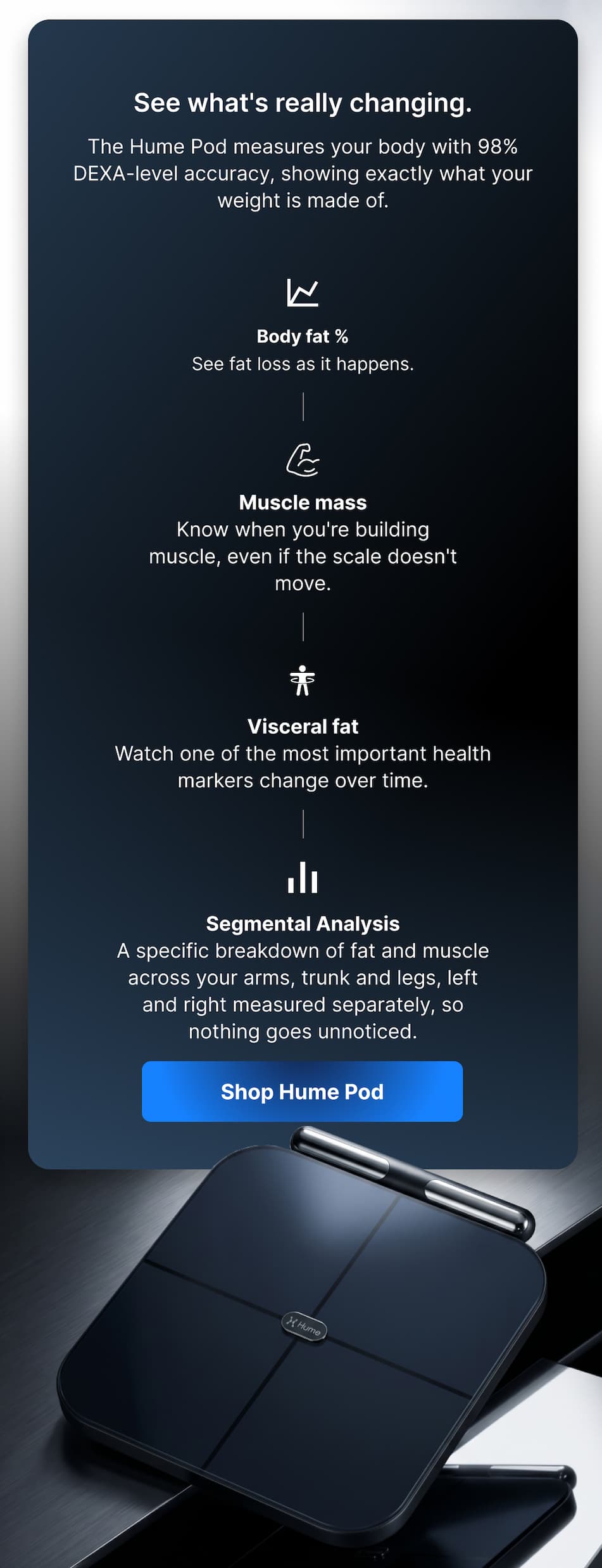 My Pod measures body fat, muscle mass, and visceral fat with real precision, so I can see what's actually changing.