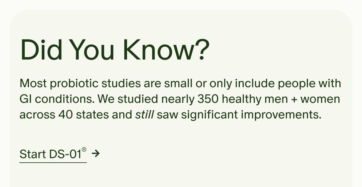 Did You Know? | Most probiotic studies are small or only include people with GI conditions. We studied nearly 350 healthy men + women across 40 states and still saw significant improvements. | Start DS-01&reg;