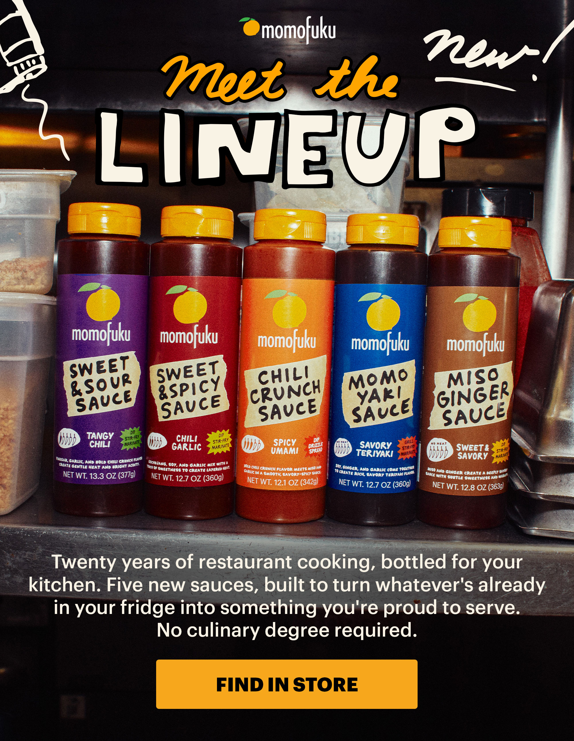 HEADER: Meet the lineup SUB-HEADER: Five New Sauces CTA: FIND IN STORE