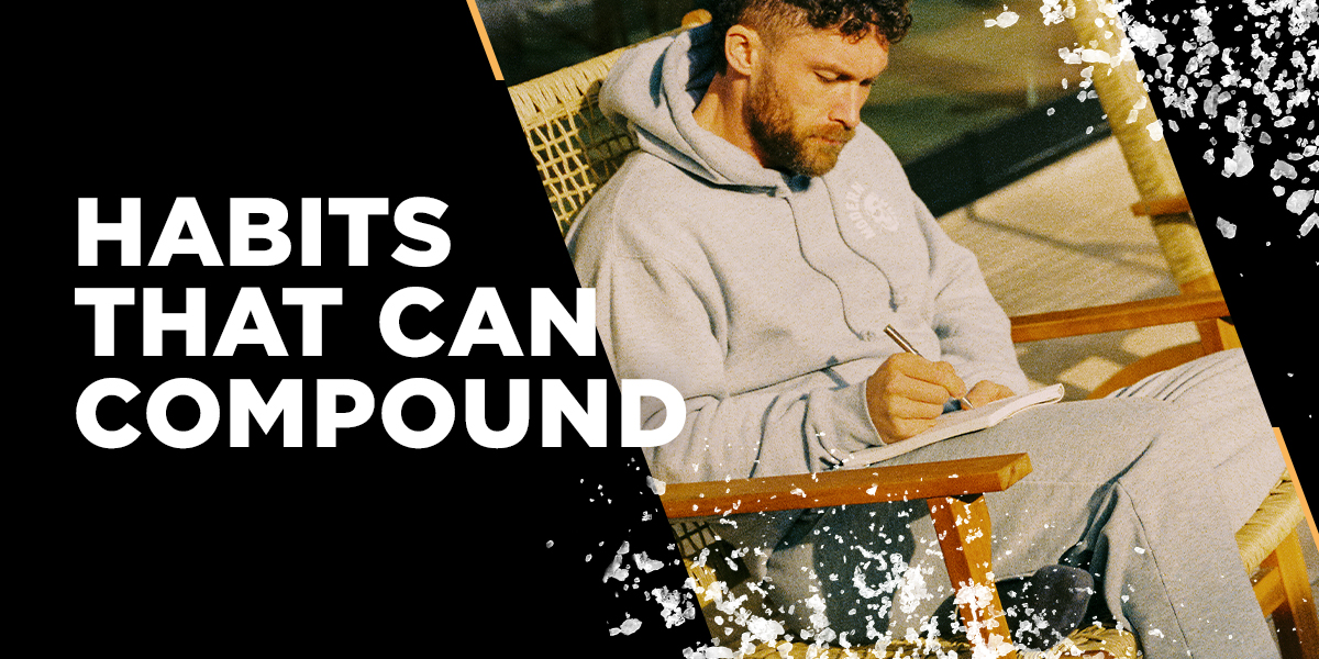 Graphic titled "Habits that can compound", featuring Chris Williamson sitting outdoors in a wicker chair, writing in a notebook.