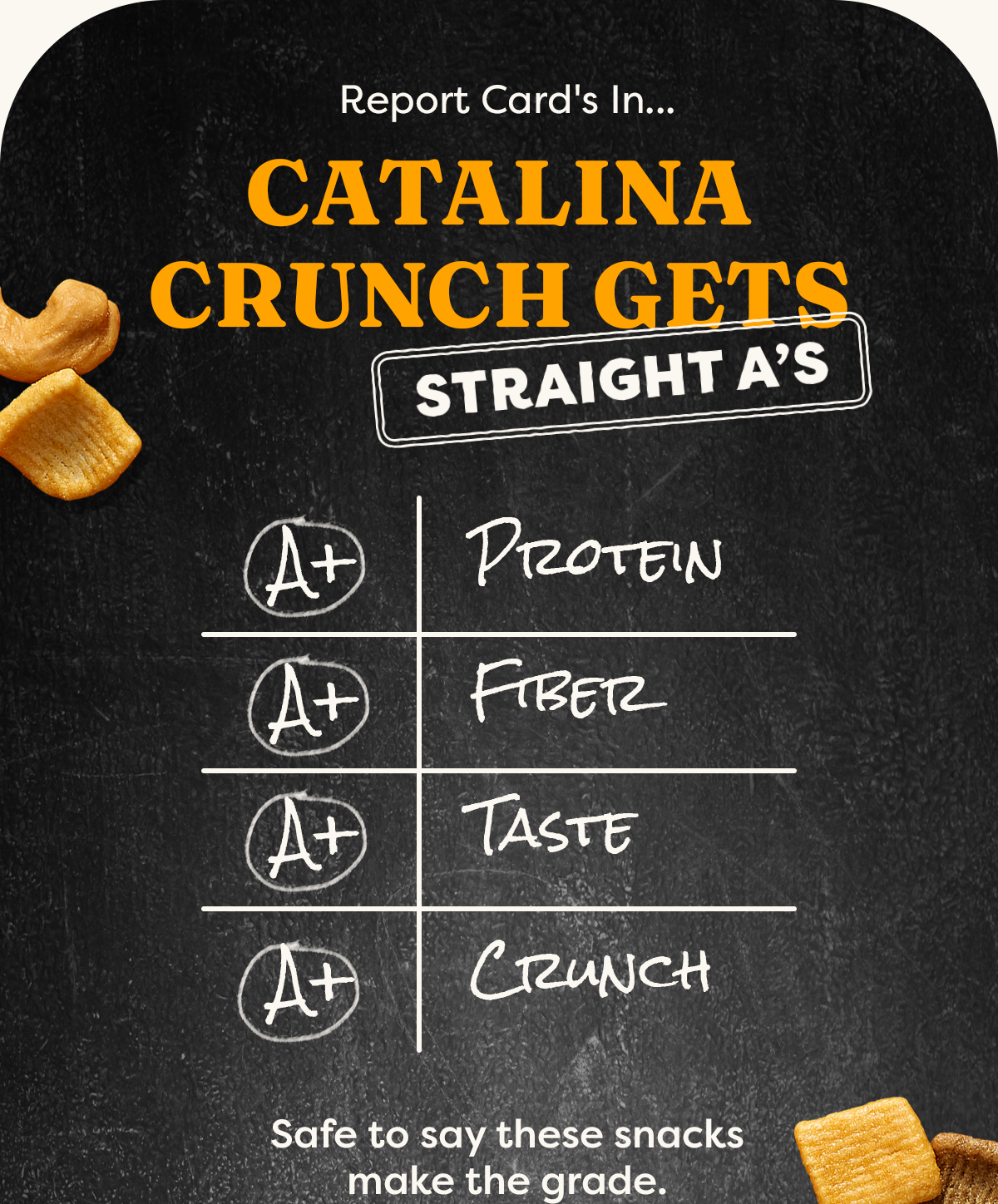 Catalina Crunch Gets Straight A's. A+ Protein, A+ Fiber, A+ Taste, A+ Crunch. Safe to say these snacks make the grade.