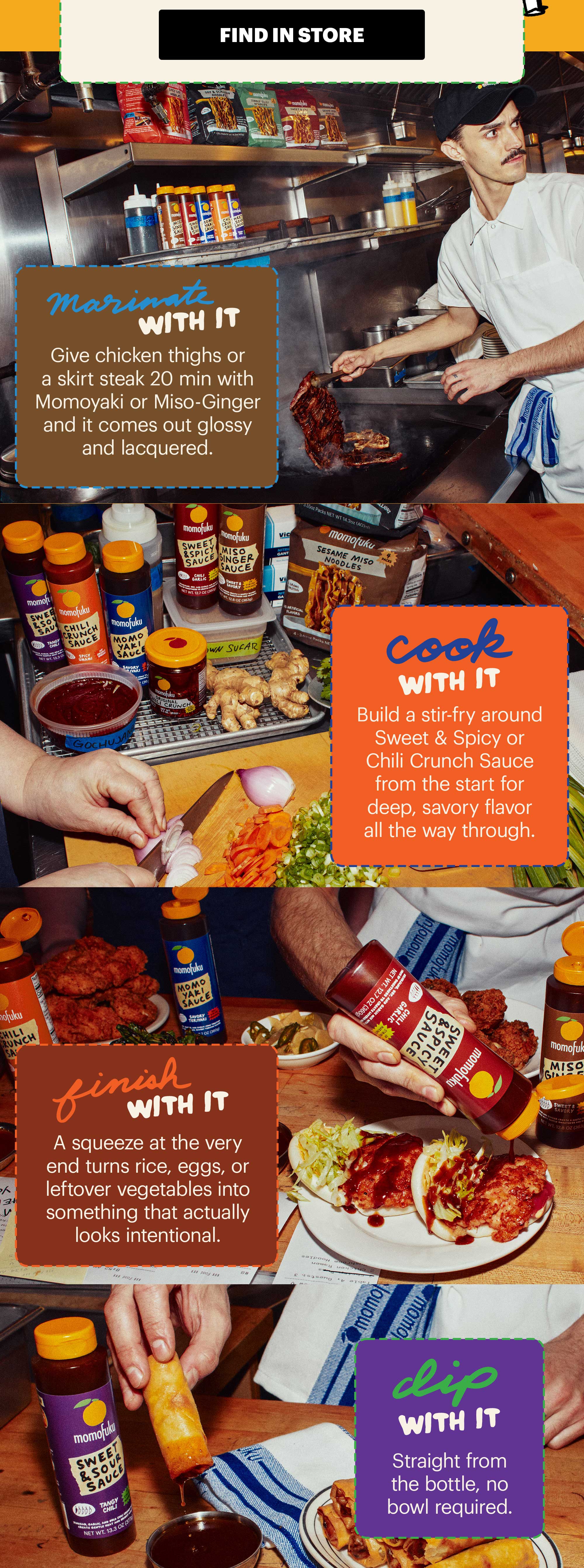 HEADER: Five New Sauces SUB-HEADER: Four ways to use them CTA: SHOP ON AMAZON