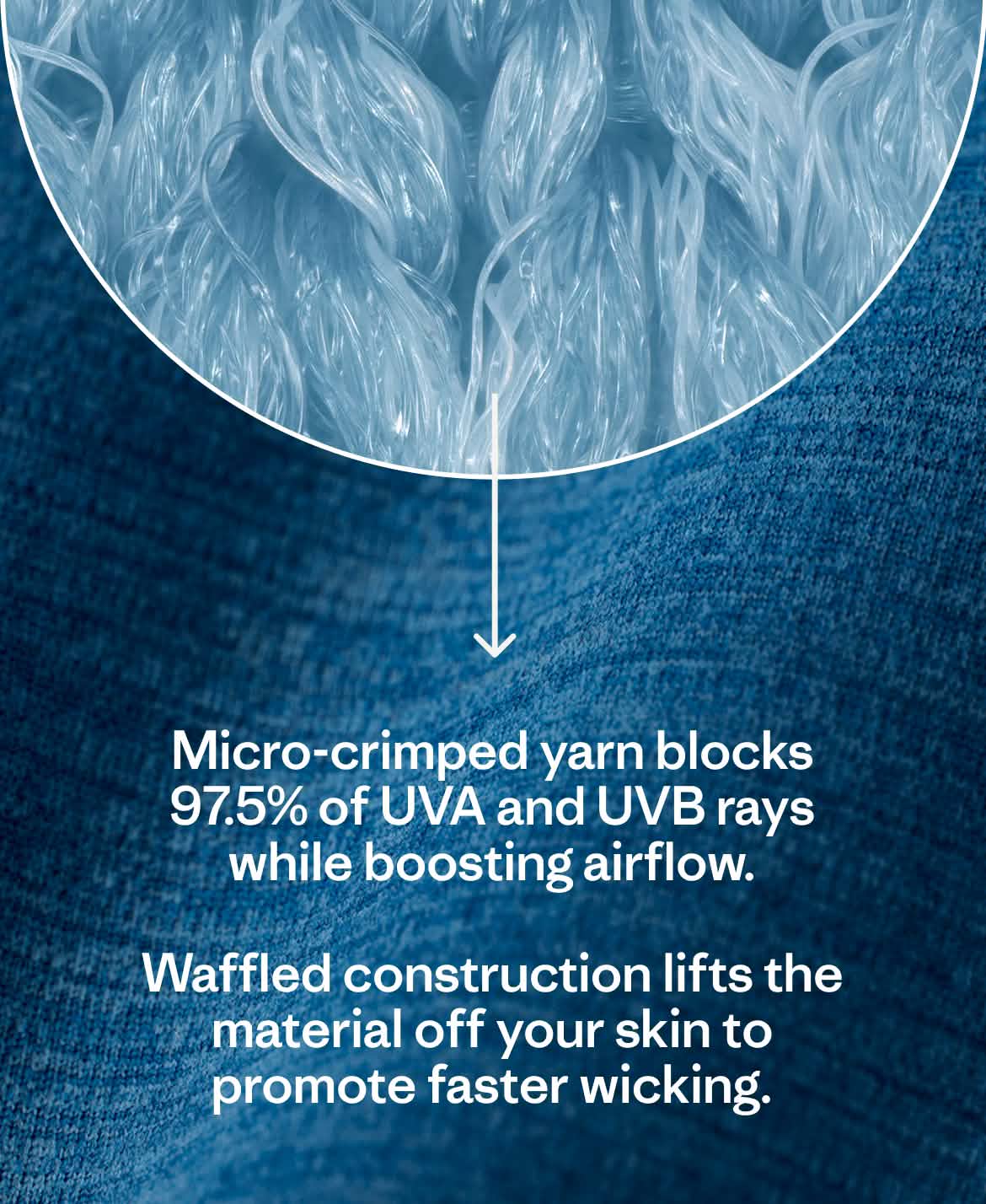 Micro-crimped yarn blocks 97.5% of UVA and UVB rays while boosting airflow. Waffled construction lifts the material off your skin to promote faster wicking.