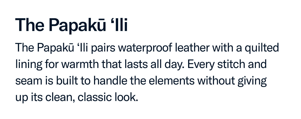 The apakui ili pairs waterproof leather and a quilted lining