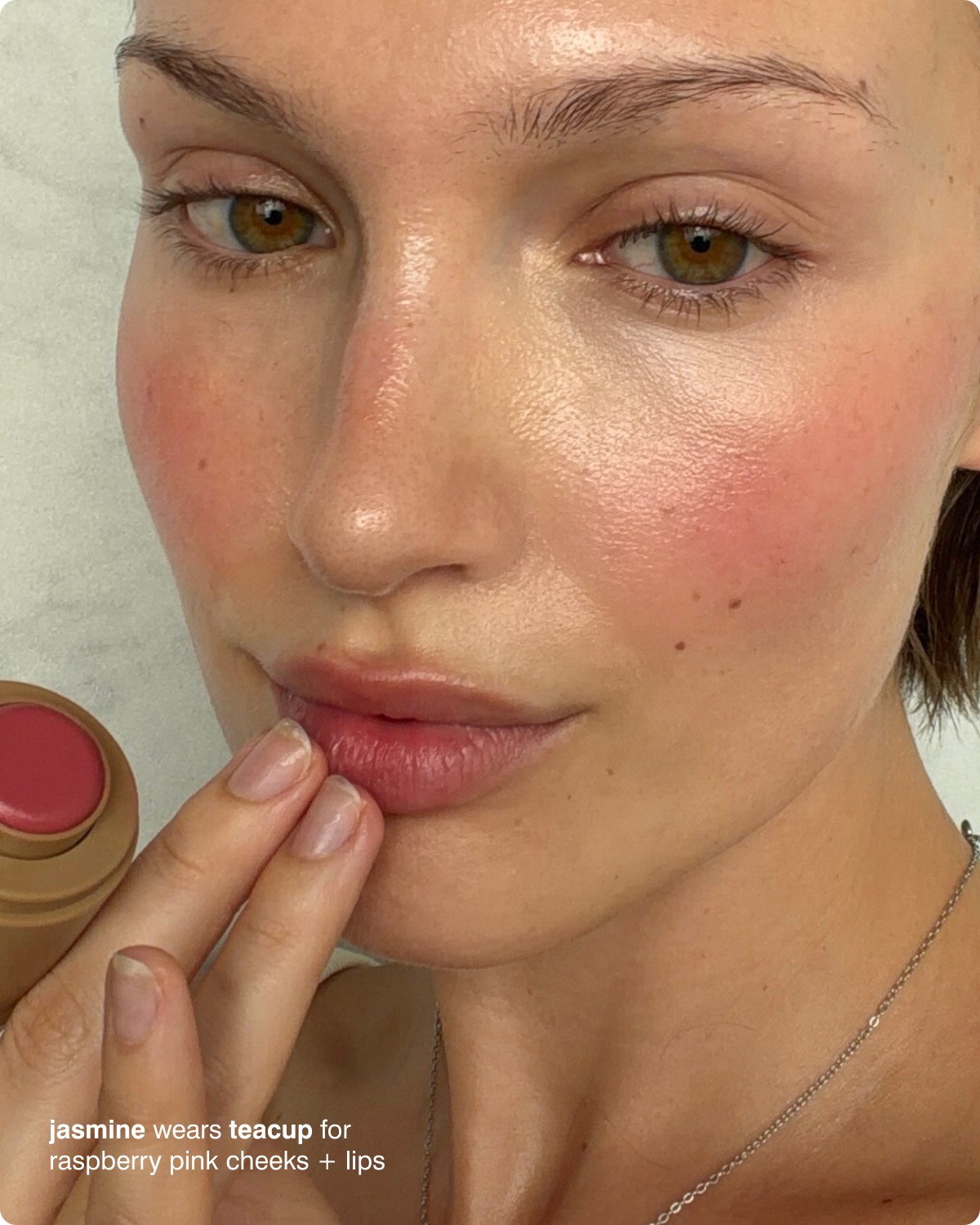 jasmine wears teacup for raspberry pink cheeks + lips