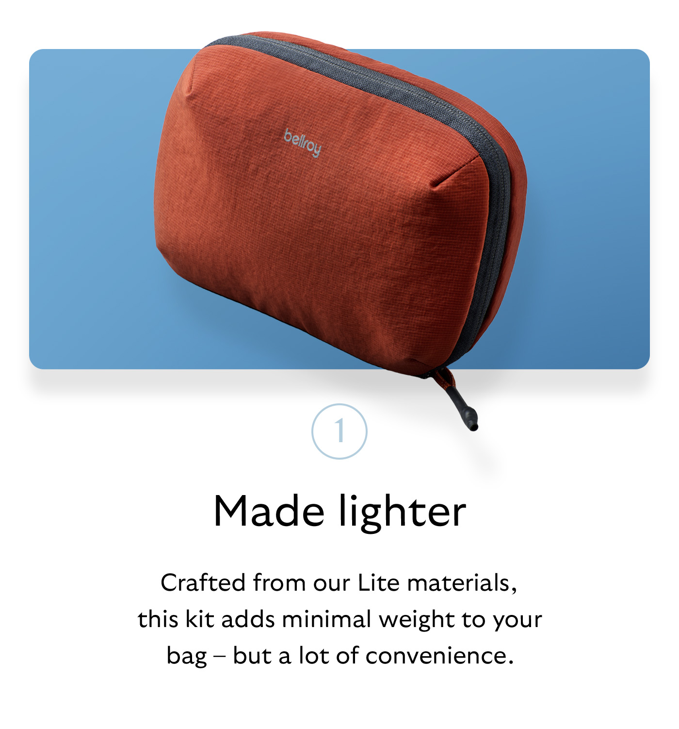 [Header] Made lighter [Blurb] Crafted from our Lite materials, this kit adds minimal weight to your bag &ndash; but a lot of convenience. 