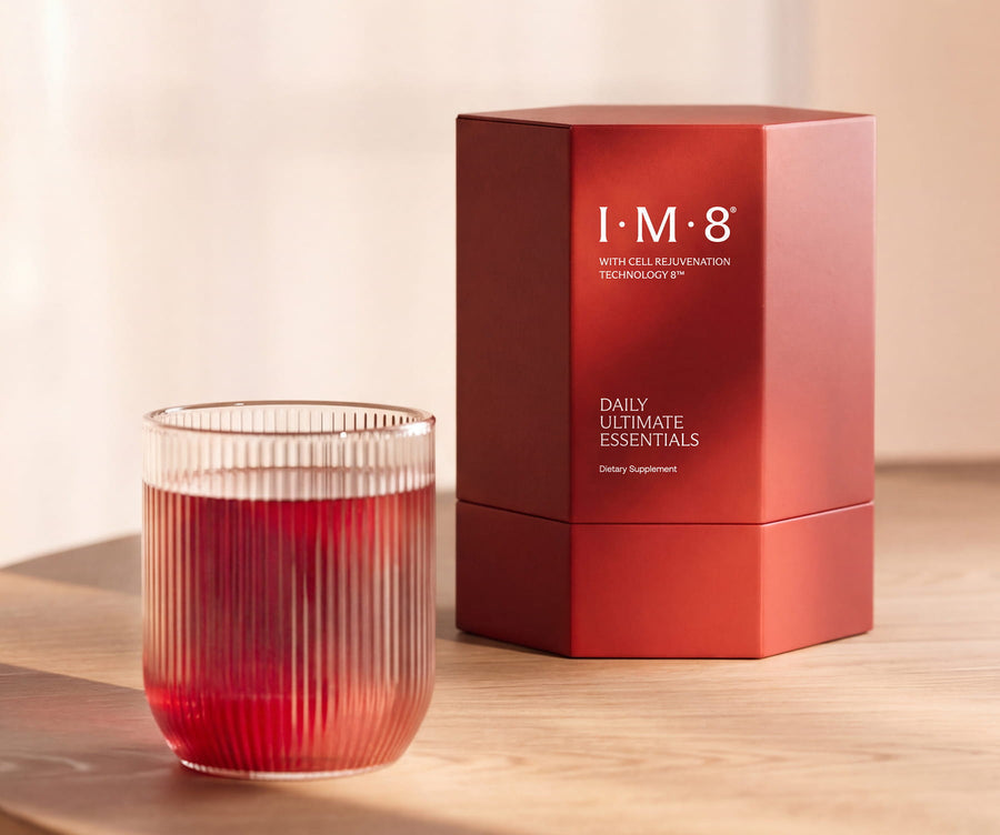 IM8 Daily Ultimate Essentials Pro box and prepared drink