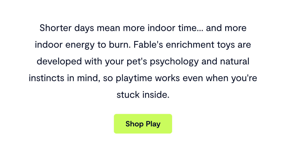 Shorter days mean more indoor time&hellip; and more indoor energy to burn. Fable's enrichment toys are developed with your pet's psychology and natural instincts in mind, so playtime works even when you're stuck inside. Shop Play