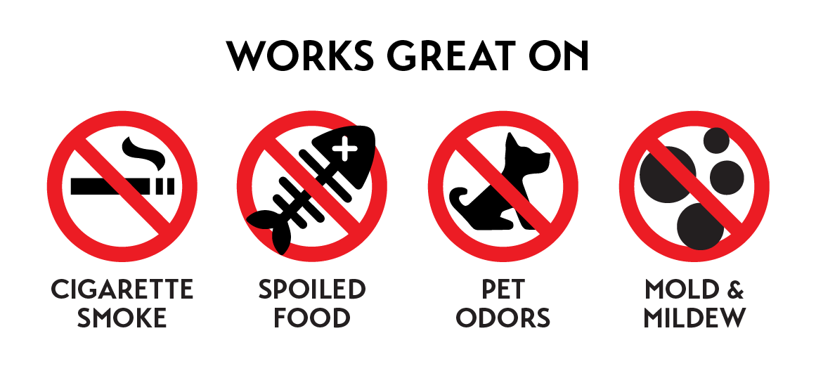 Works great on cigarette smoke, spoiled food, pet odors, mold & mildew