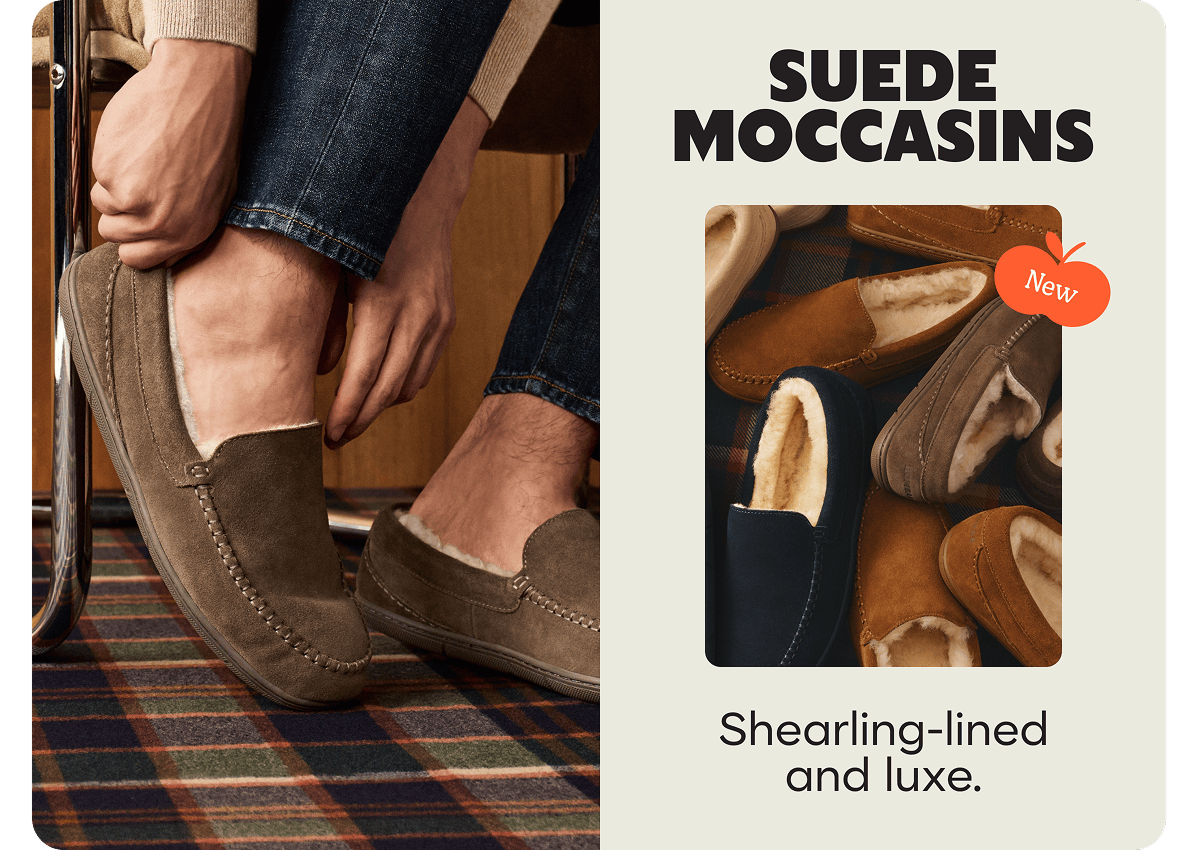 SUEDE MOCCASINS. New. Shearling-lined and luxe.