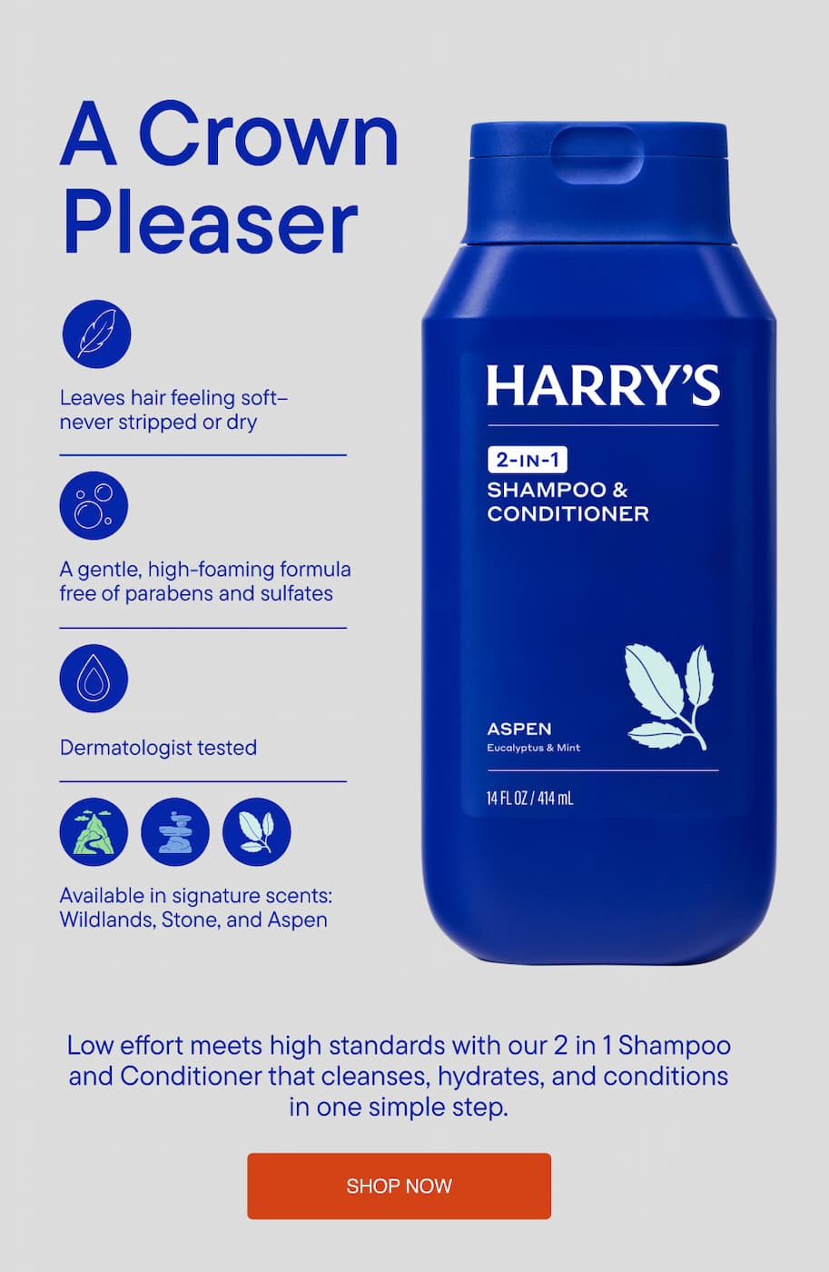 Harry's 2 in 1 Shampoo & Conditioner. Leaves hair feeling soft-never stripped or dry