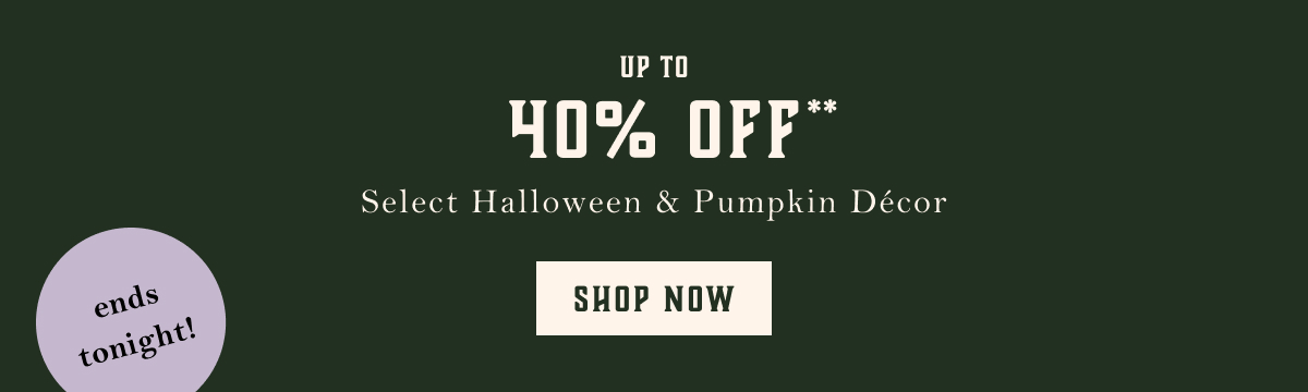 up to 40% off select halloween and pumpkin decor, shop now, ends tonight!