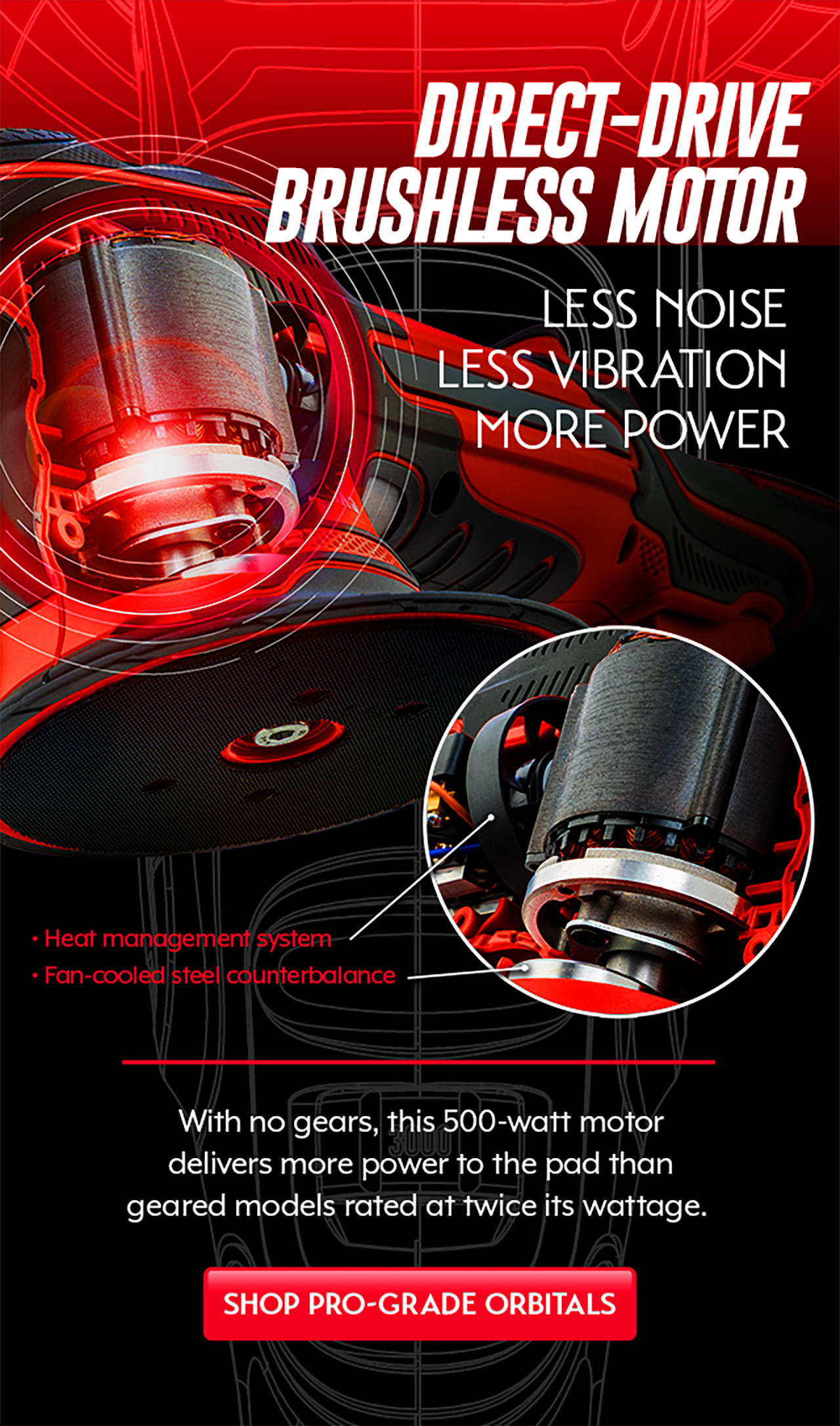 BOSS Pro-Grade orbital polisher featuring a 500-watt direct-drive brushless motor engineered for less noise, reduced vibration, and increased power.