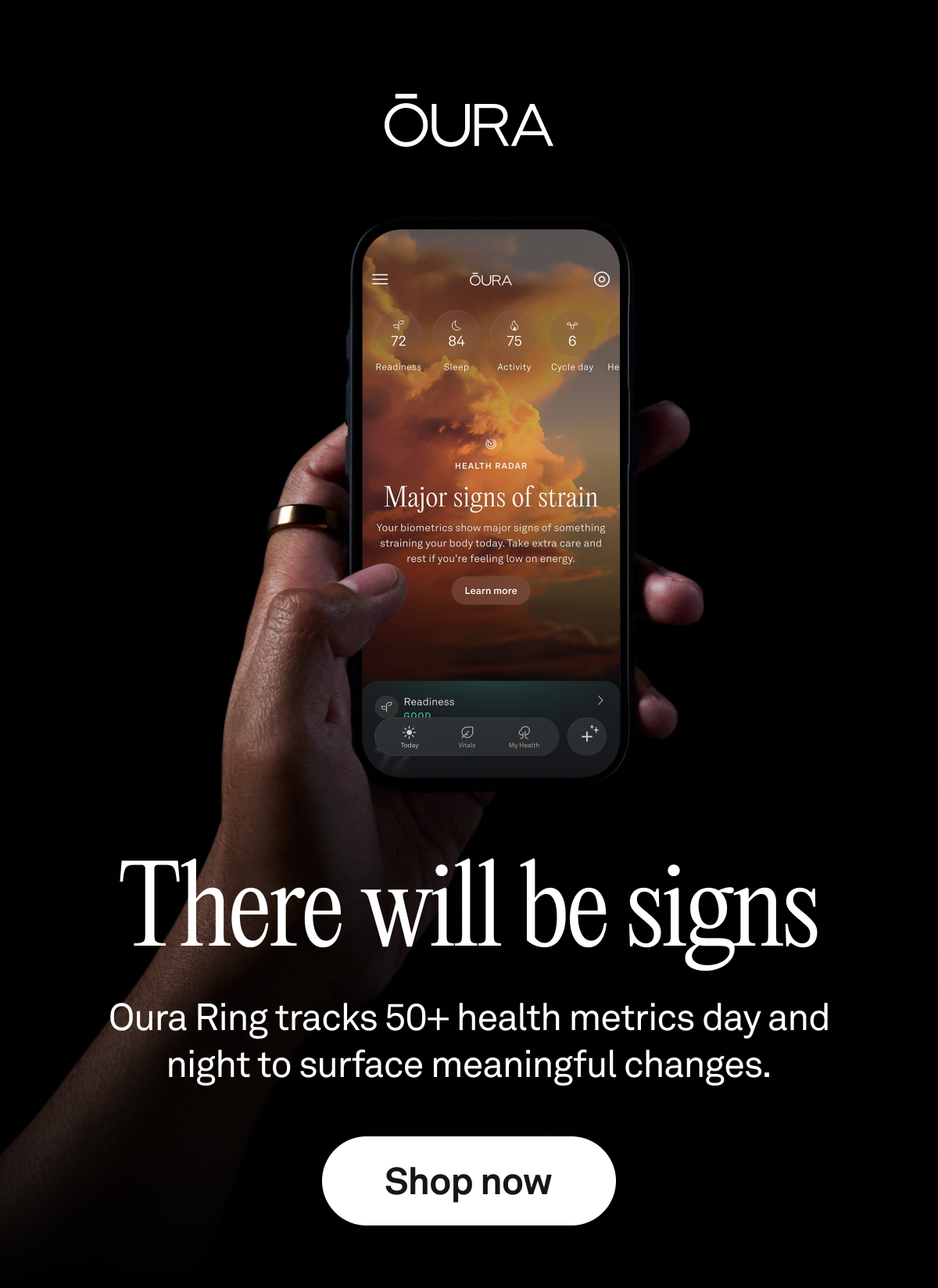 A hand wearing an Oura Ring holds a phone showing a Health Radar alert: 