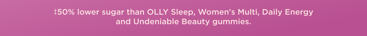 + 50% lower sugar than OLLY sleep, women's multi, daily energy and undeniable beauty gummies