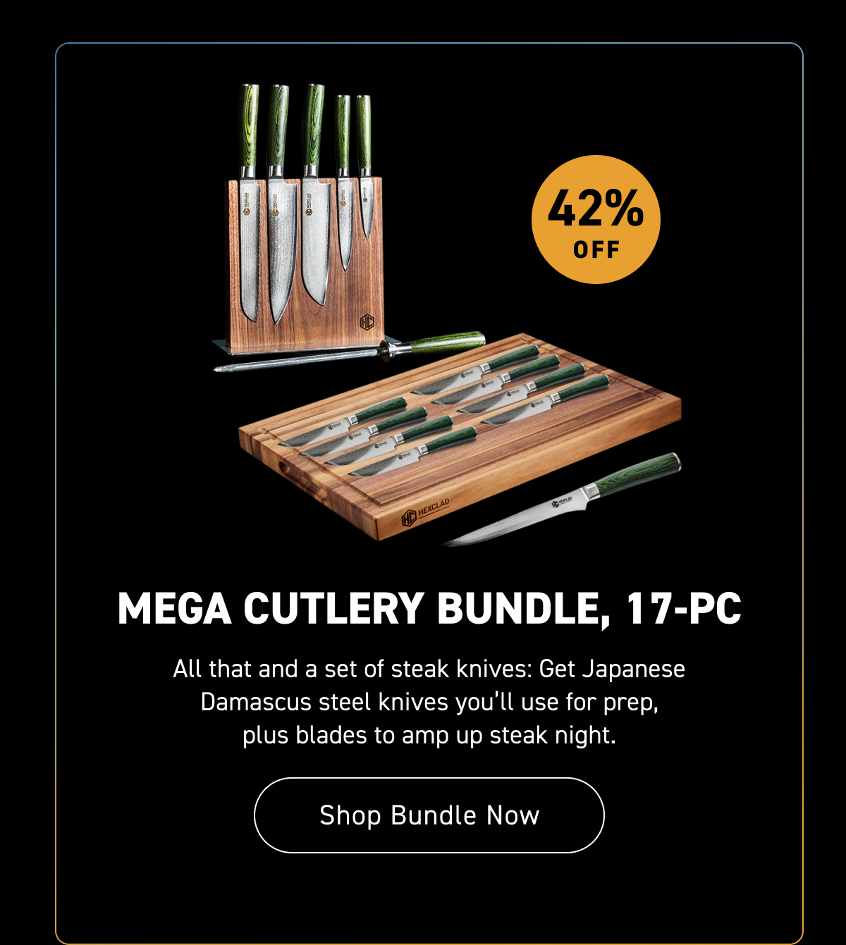 All that and a set of steak knives: Get Japanese Damascus steel knives you&rsquo;ll use for prep, plus blades to amp up steak night.