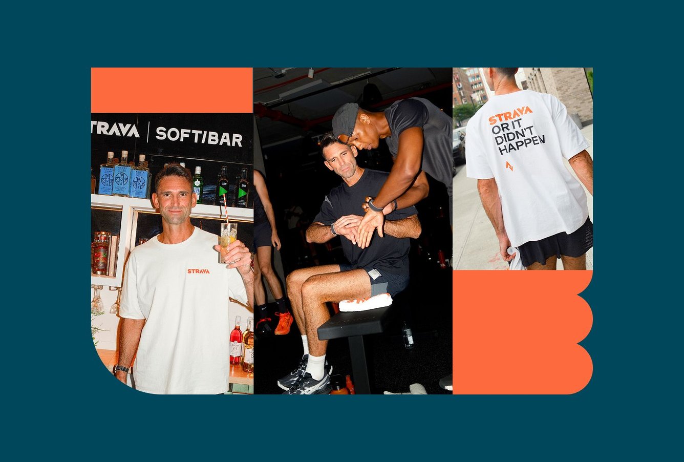 Photo collage showing three photos of a man in different scenes: on the left, he's holding up a beverage and wearing a white t-shirt with the Strava logo on it. In the middle, he's working with a trainer in a gym. On the right, he's walking down the street wearing a white t-shirt that says 