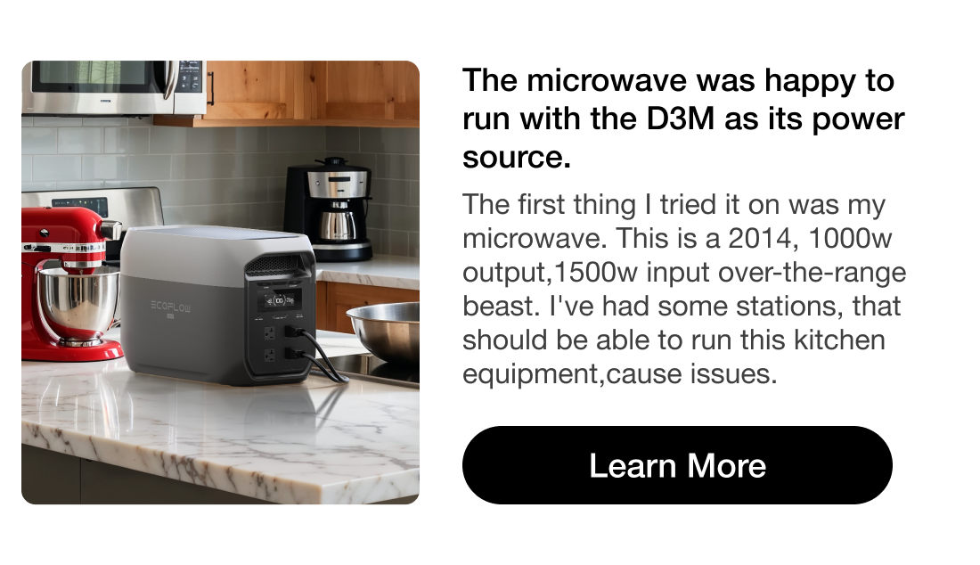The microwave was happy to run with the D3M as its power source. The first thing I tried it on was my microwave. This is a 2014, 1000w output, 1500w input over-the-range beast. I've had some stations, that should be able to run this kitchen equipment,cause issues.