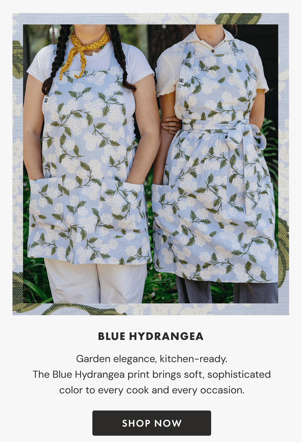 Blue Hydrangea | Garden elegance, kitchen-ready. The Blue Hydrangea print brings soft, sophisticated color to every cook and every occasion. | shop now