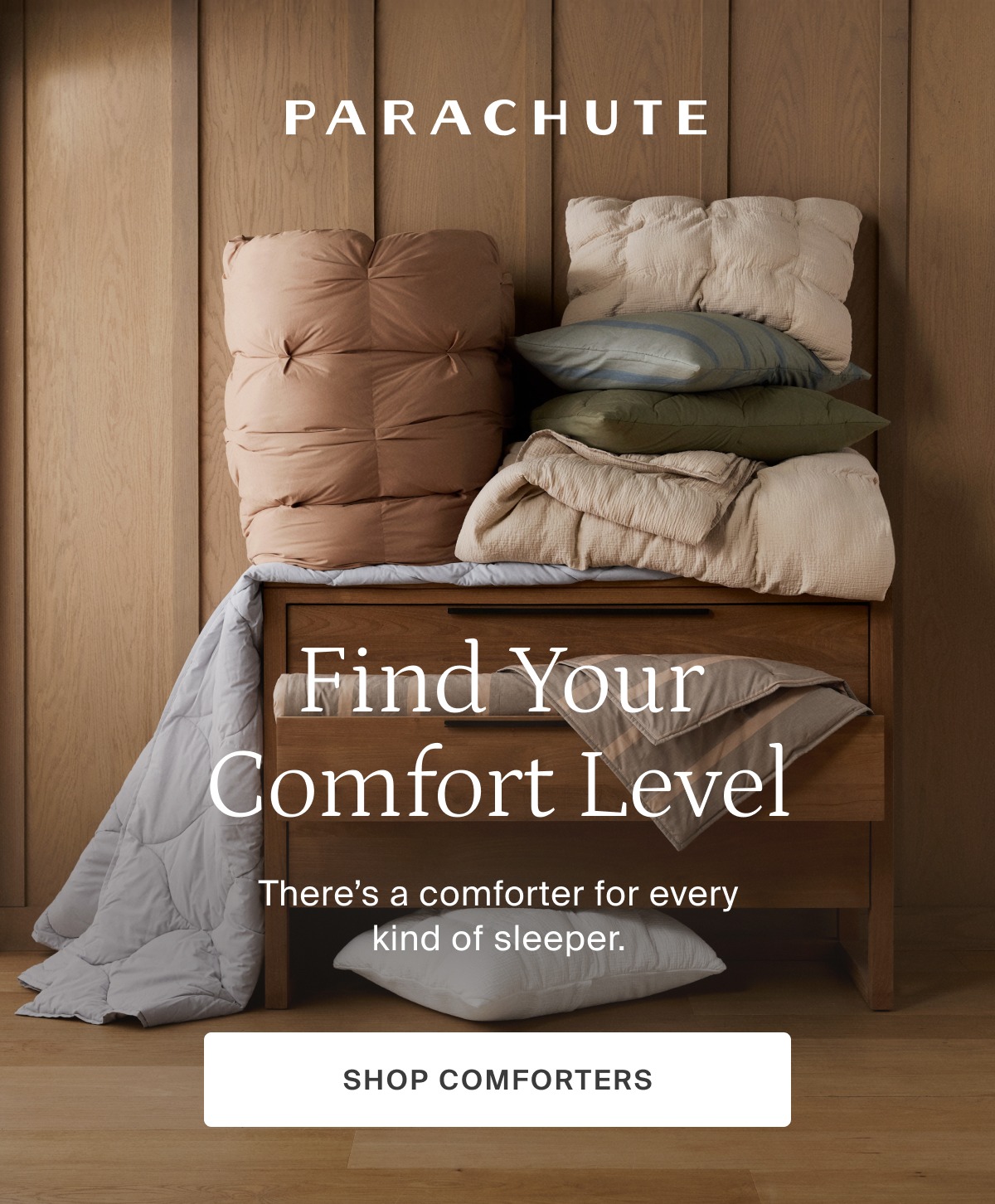 parachute, find your comfort level, shop comforters