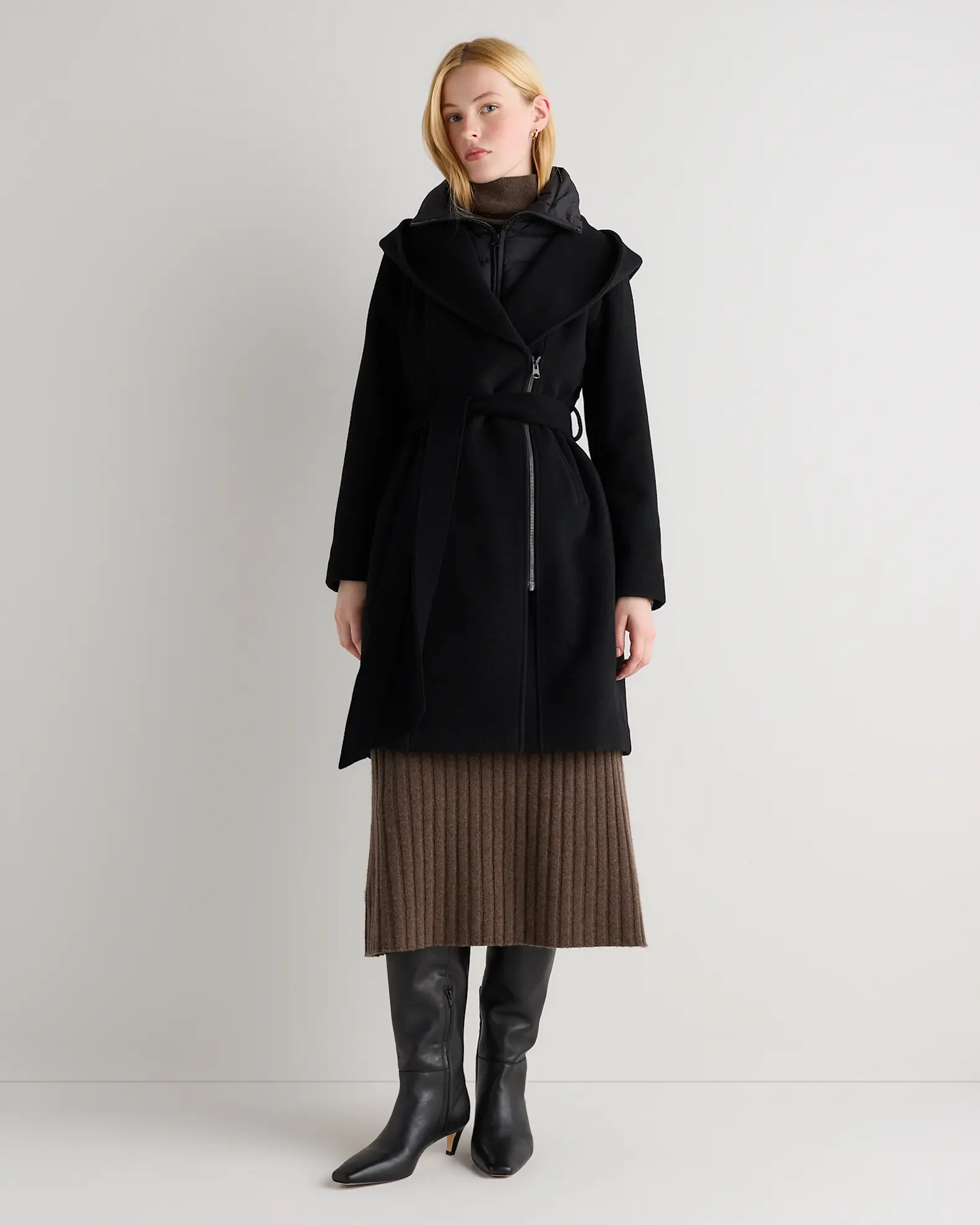 Wool Cashmere Hooded Wrap Coat with Removable Down Bib