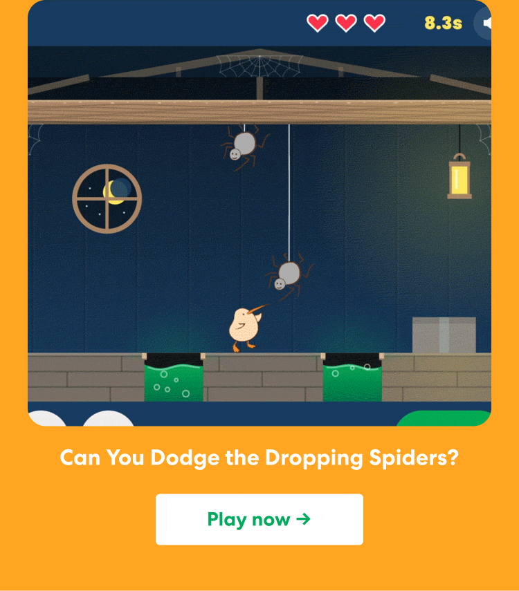 Can You Dodge the Dropping Spiders? A Halloween-themed game challenges players to run and jump while avoiding spiders dropping from above. Play now ->