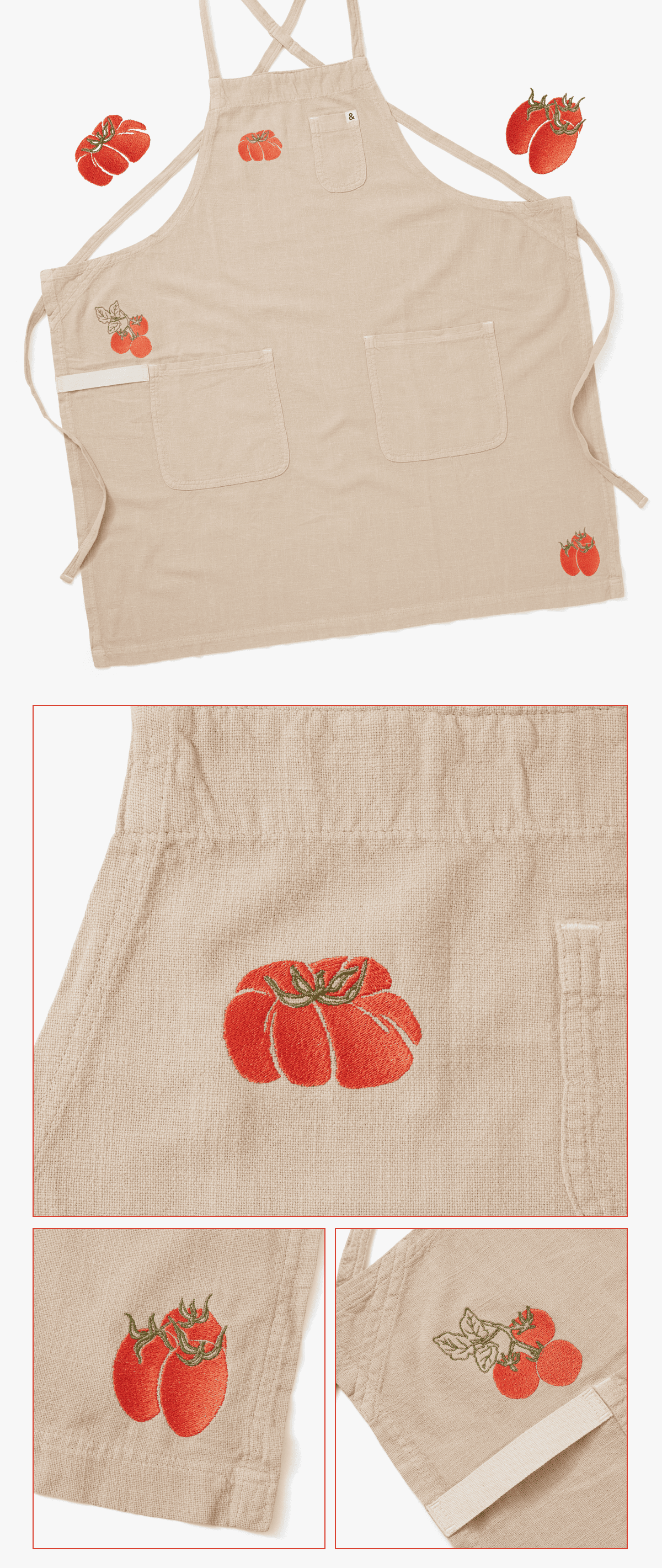 NEW ARRIVAL | The Heirloom Tomatoes Apron | Ripe, ready, and effortlessly charming. | The Heirloom Tomatoes Minimalist Apron celebrates one of summer's most beloved ingredients, set on our polished oat Minimalist silhouette with three tomato embroideries showcasing all their beautiful variety and character. | Shop NOW