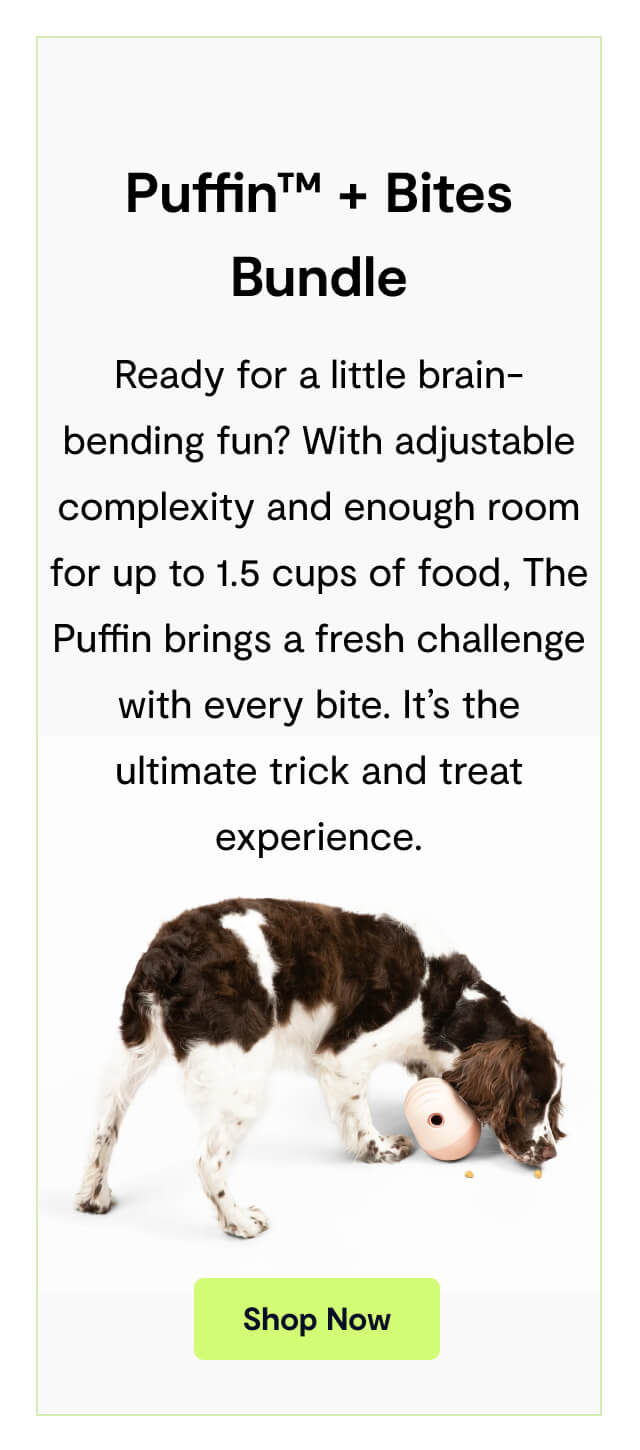 Puffin&trade; + Bites Bundle. Ready for a little brain-bending fun? With adjustable complexity and enough room for up to 1.5 cups of food, The Puffin brings a fresh challenge with every bite. It&rsquo;s the ultimate trick and treat experience. Shop Now