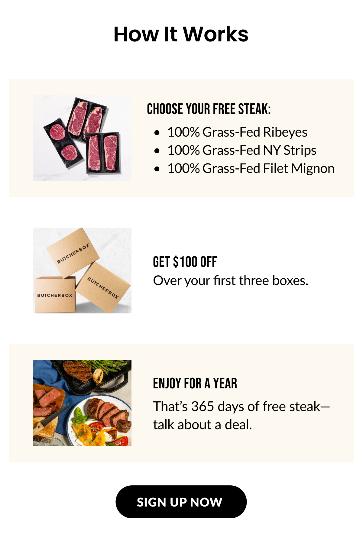 How It Works: Choose Your Free Steak | Get $100 OFF | Enjoy for a Year | SIGN UP NOW