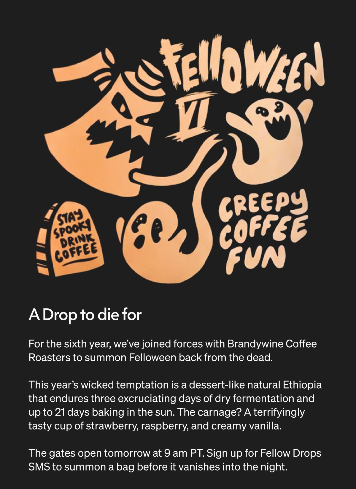 For the sixth year, we&rsquo;ve joined forces with Brandywine Coffee Roasters to summon Felloween back from the dead.  This year&rsquo;s wicked temptation is a dessert-like natural Ethiopia that endures three excruciating days of dry fermentation and up to 21 days baking in the sun. The carnage? A terrifyingly tasty cup of strawberry, raspberry, and creamy vanilla.  The gates open tomorrow at 9 am PT. Sign up for Fellow Drops SMS to summon a bag before it vanishes into the night.