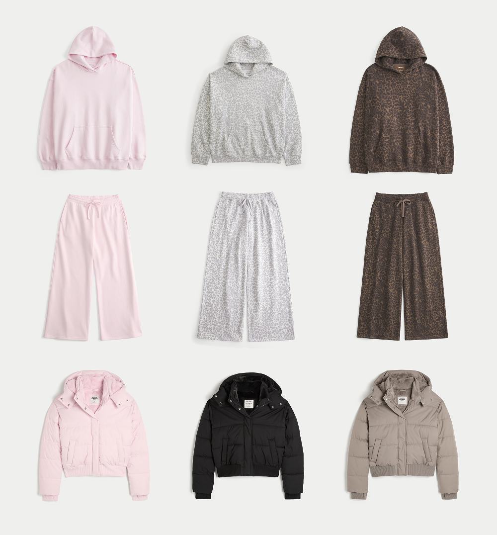 Women's fleece jackets, pants, and puffer jackets in pink, gray, and brown.