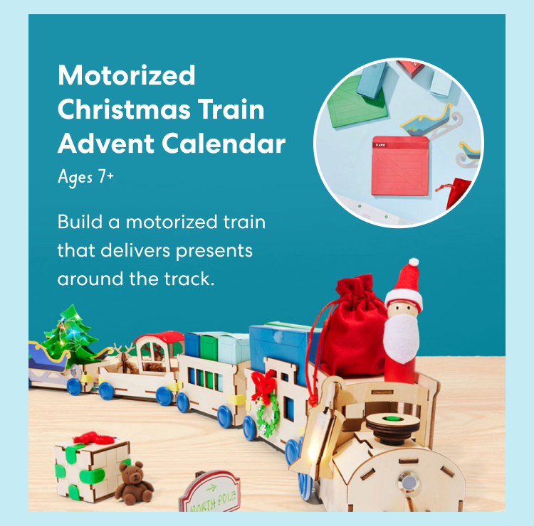Motorized Christmas Train Advent Calendar. Build a motorized train that delivers presents around the track. For ages 7 and up.