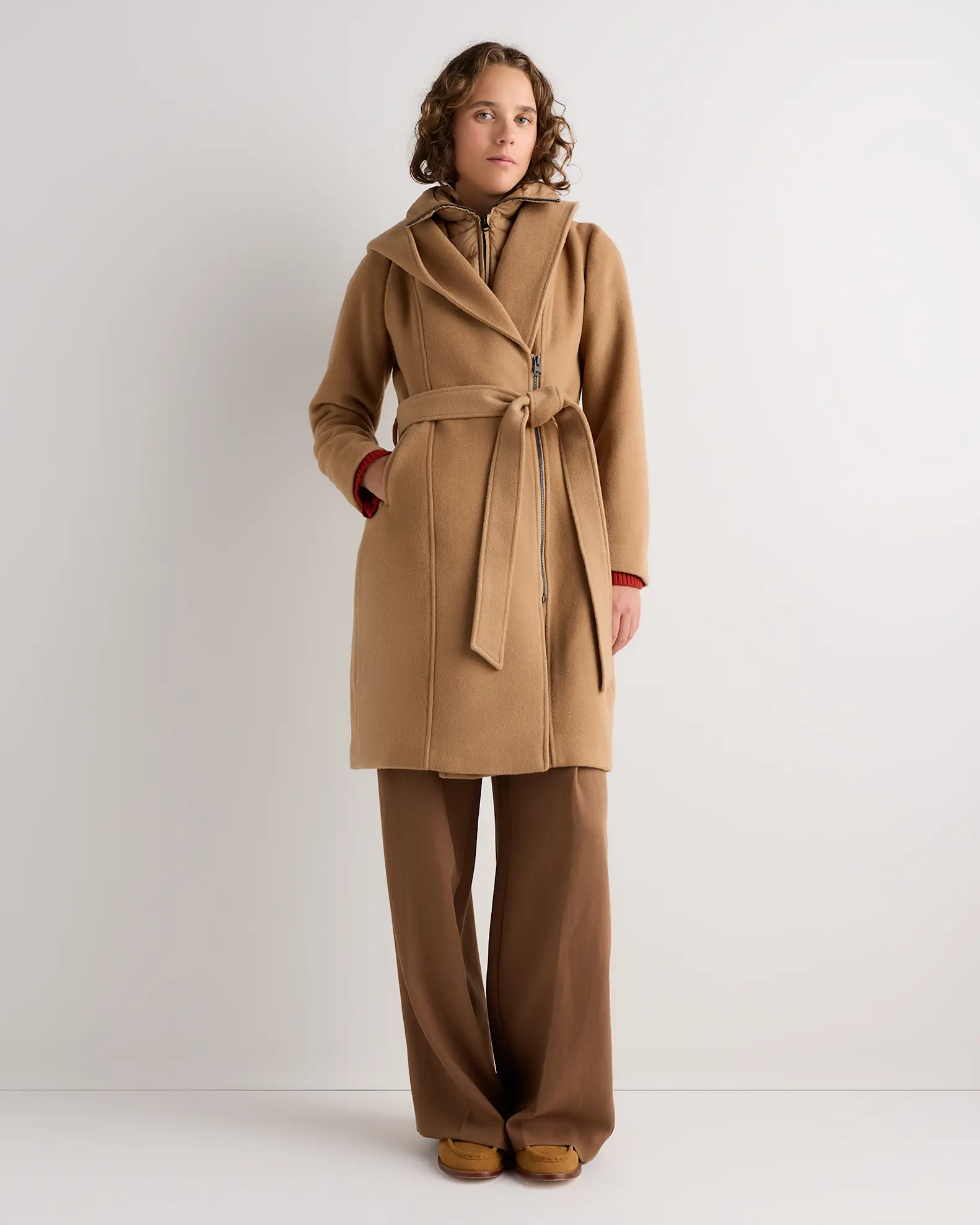 Wool Cashmere Hooded Wrap Coat with Removable Down Bib