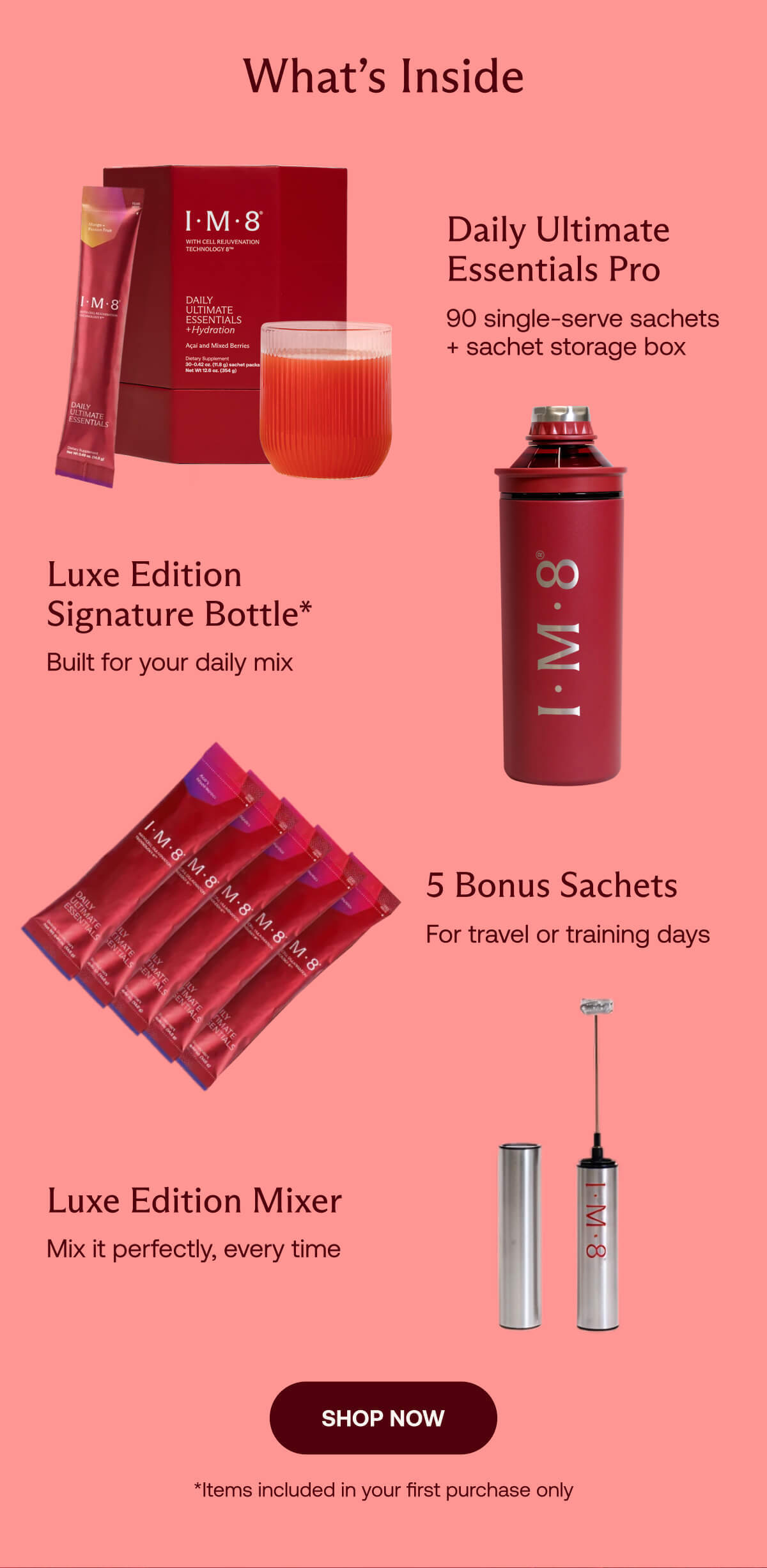 What's Inside: Daily Ultimate Essentials Pro, Luxe Edition Signature Bottle, 5 Bonus Sachets, Luxe Edition Mixer | Shop Now