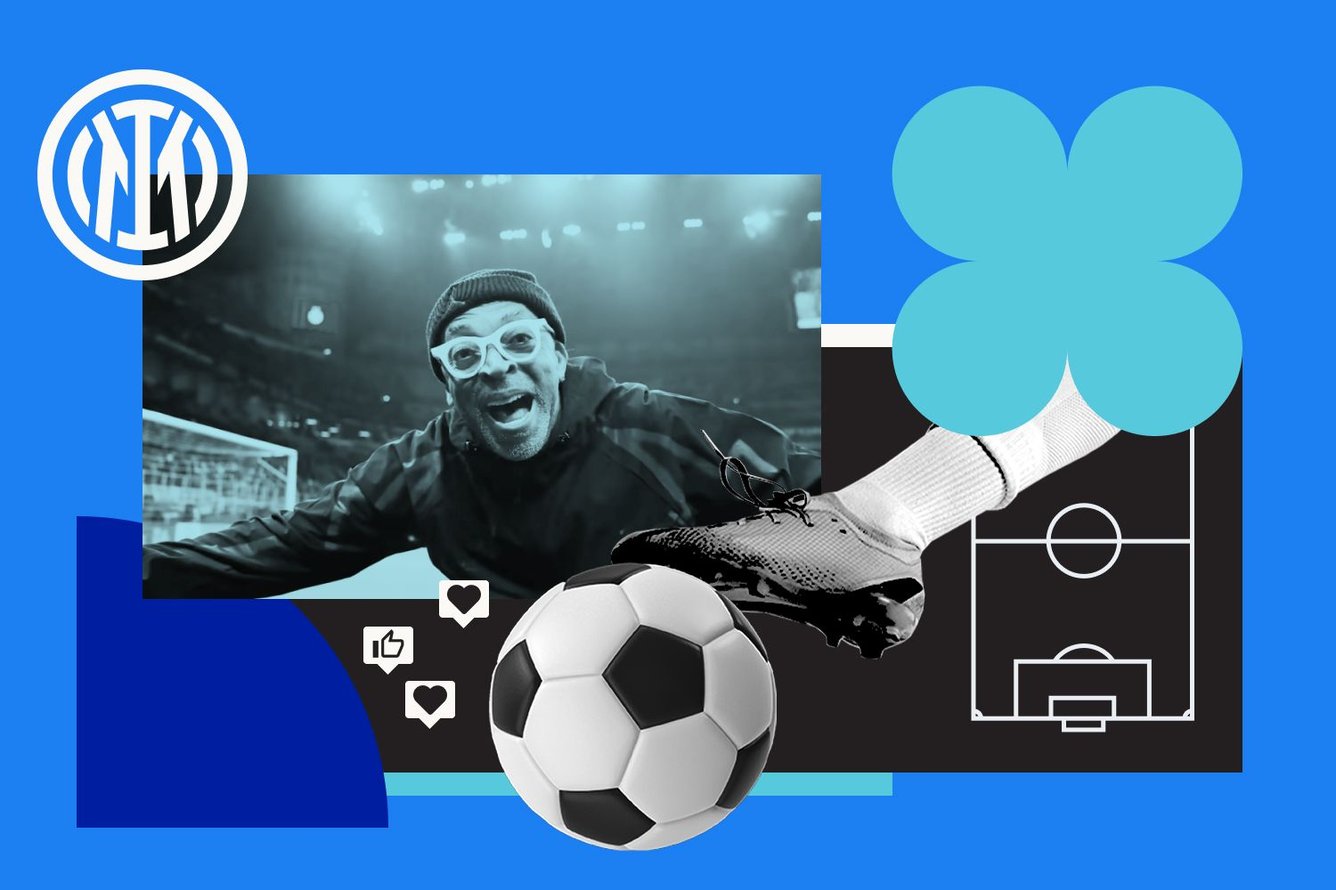 Photo collage showing Spike Lee on a football field from the My Name is My Story YouTube video with the Inter Milan logo and a foot kicking a football.