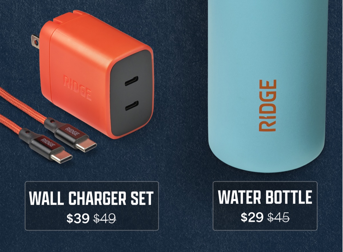 Wall charger set $39, was $49. Water bottle $29, was $45.