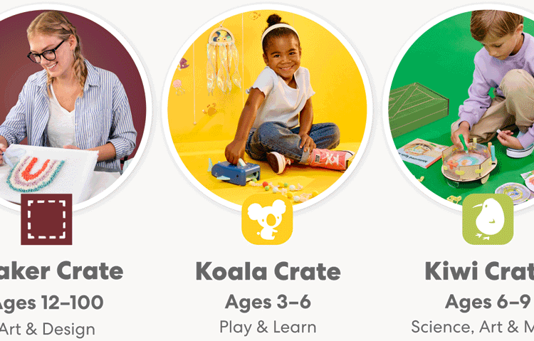 Featured subscription box rotates through different crate lines. Kids holding fun KiwiCo projects.