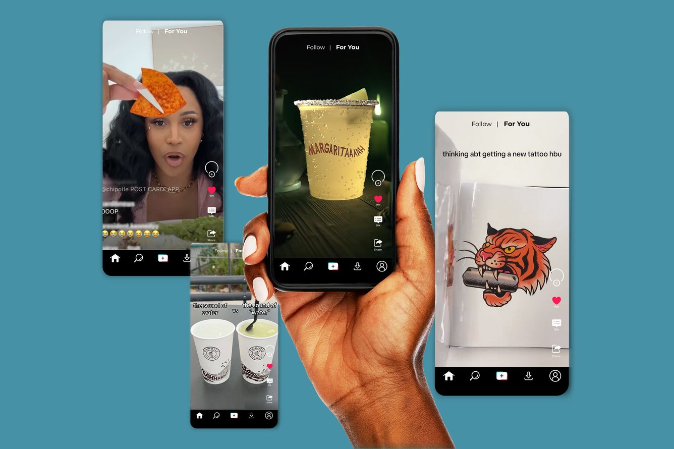 A graphic featuring a hand holding a phone surrounded with screenshots from Chipotle's social media