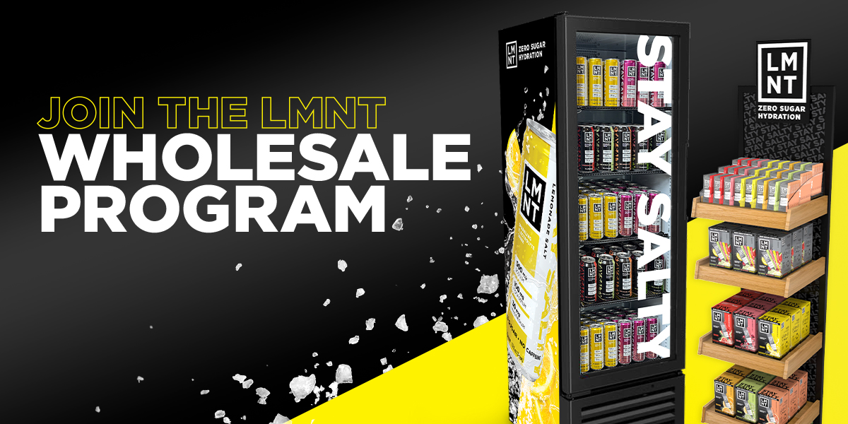 Graphic titled "Join the LMNT Wholesale Program" featuring a branded LMNT retail display, including a "Stay Salty" fridge stocked with canned drink mixes and a wooden shelving unit with LMNT drink mix boxes