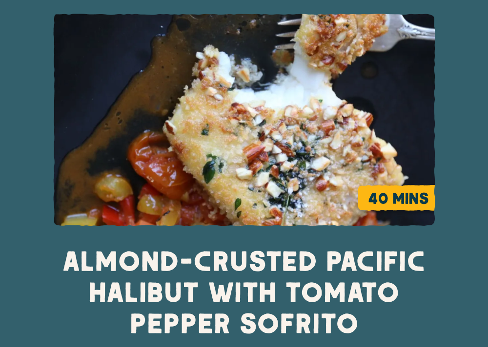 Almond-Crusted Pacific Halibut with Tomato Pepper Sofrito