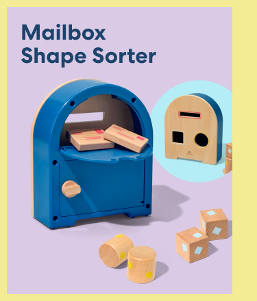 Mailbox Shape Sorter. Toddlers can slide cube, cylinder, and rectangle packages into their matching mailbox slots.